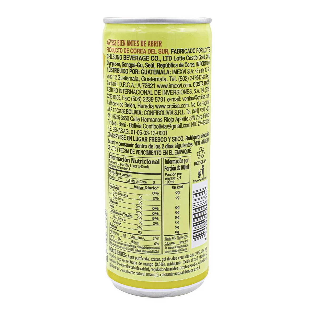 Bebida Aloe Vera con Mango Lotte 240ml (30 pzs)