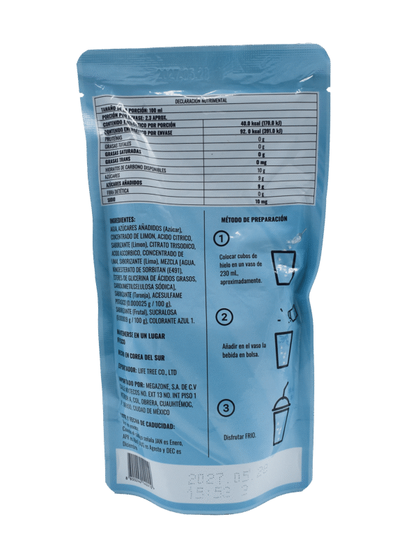 Bebida sabor Limonada Azul MEGAFOOD Bolsa 230 ml (10 pzs)