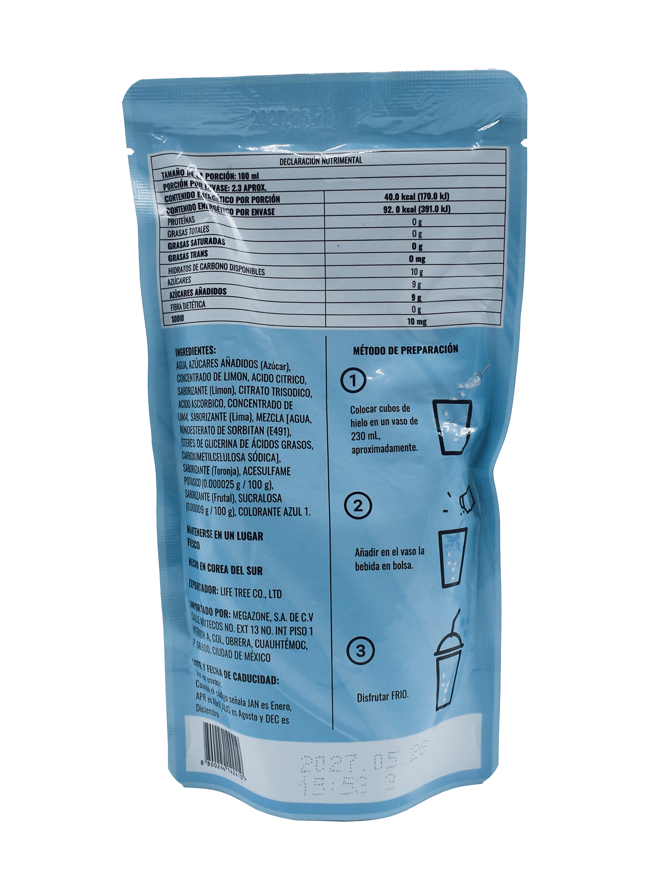 Bebida sabor Limonada Azul MEGAFOOD Bolsa 230 ml (10 pzs)