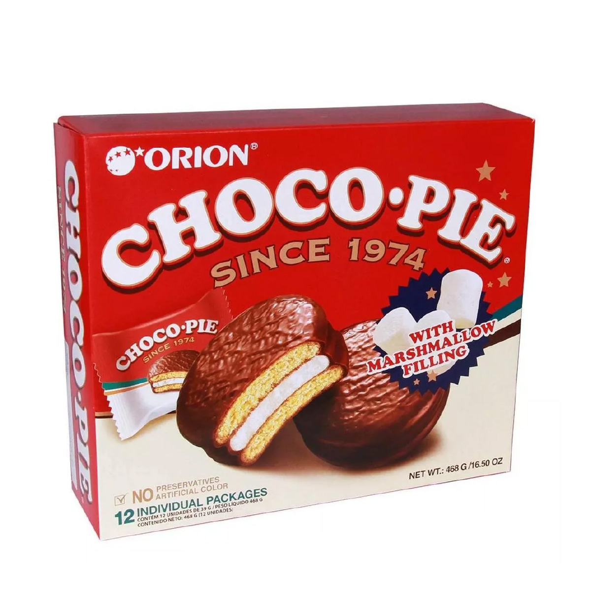 Galleta con Malvavisco ChocoPie Orion 12 pzs. 468g  (Caja Master con 8 cajas)