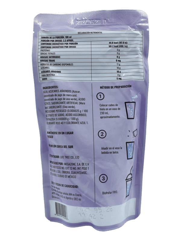 Bebida sabor Mora Azul MEGAFOOD Bolsa 230 ml (10 pzs)