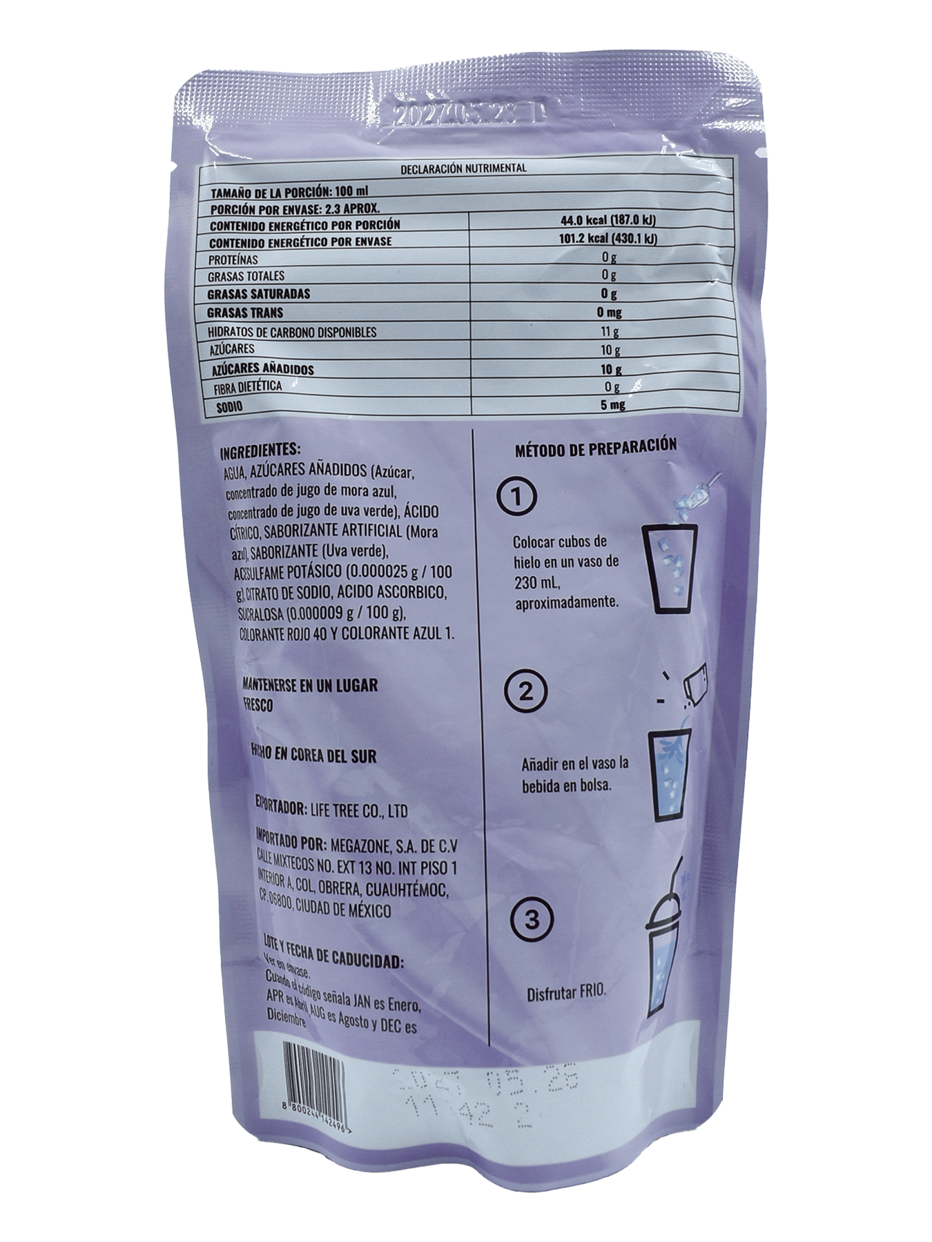 Bebida sabor Mora Azul MEGAFOOD Bolsa 230 ml (10 pzs)