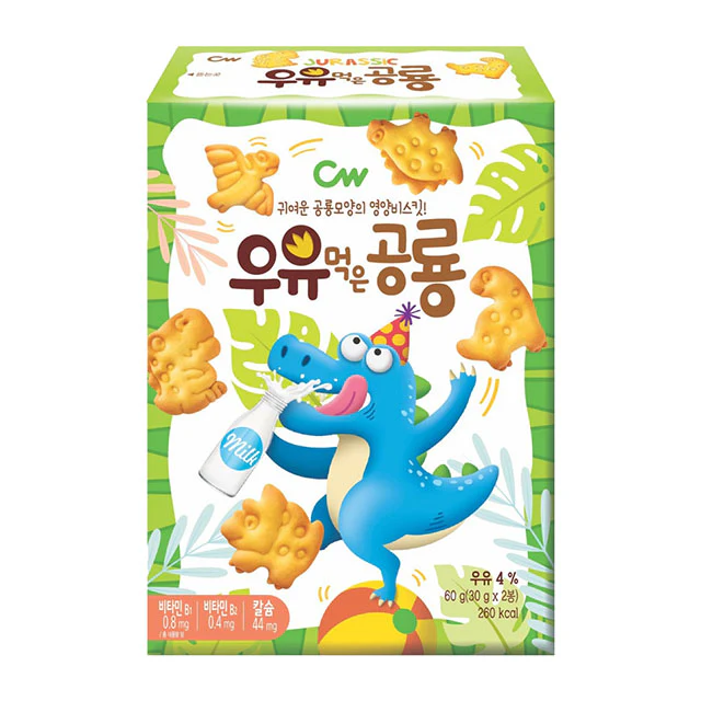CW GALLETAS DE DINOSAURIO SABOR LECHE CAJA 60G (10 PZS)