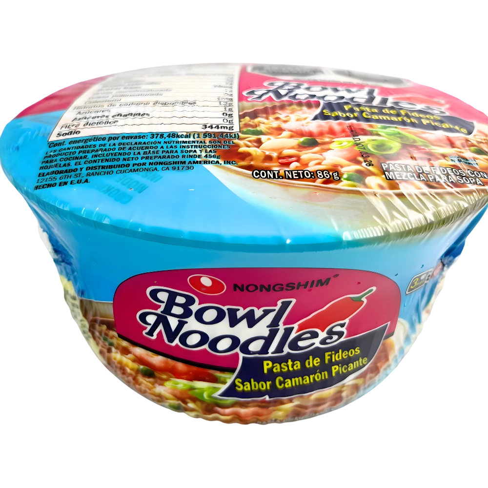 Nongshim Bowl Noodles Camarón Picante 86g 12pzs – Ramen Coreano Sabor Camarón Picante en Bowl 12pzs