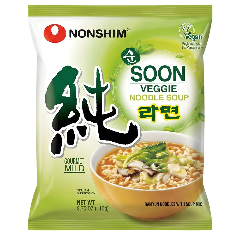 Nongshim Soon Veggie Noodle Soup Gourmet Mild 112g 32 pzs – Ramen Coreano Vegetariano Suave 32 pzs
